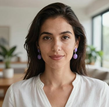 A close-up portrait of a woman with a gentle expression, wearing a simple white blouse and delicate purple earrings. She is in a bright, modern South American apartment with soft focus greenery in the background.