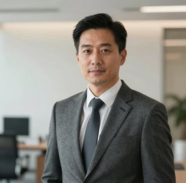 Professional portrait of a male financial advisor in a charcoal grey suit, looking confident and approachable against a blurred, modern office background with soft off-white lighting.