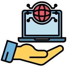 A hand holding a laptop with a digital globe icon, representing global networking and internet technology.