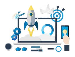 Digital marketing illustration showing a rocket launching from a laptop with business growth icons.