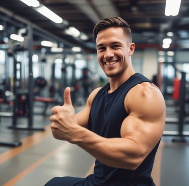 A smiling young man holding a gym tote bag with fitness-themed prints, standing in a bright gym setting.