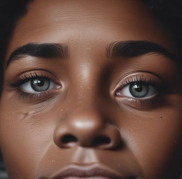 A close-up portrait of Ayo, a happy client glowing with flawless makeup by Sandra Fenty.