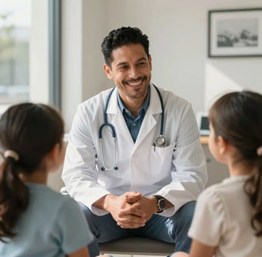 A warm, sunlit portrait of a professional Hispanic doctor smiling and listening intently to a multi-generational family in a clean, modern Fort Worth clinic.