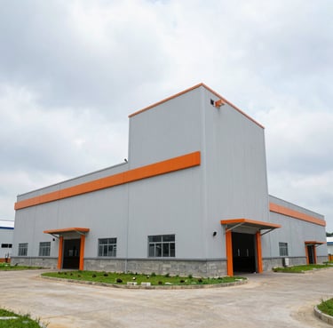 Wide-angle environmental shot of modern industrial park factories in Bac Ninh, Vietnam, overcast daylight, clean concrete structures, safety orange accents on building trim.