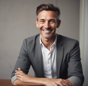 Portrait of a happy woman smiling confidently in a cozy home office setting.