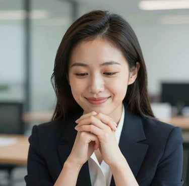 Close-up portrait of a professional female executive, nodding with a smile, in a soft-lit modern office setting, professional attire.