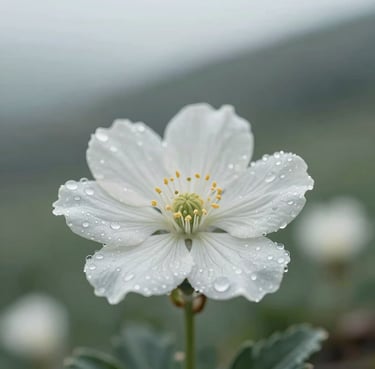 A close-up of a delicate white mountain flower with morning dew, North American / US mountain setting, soft off-white and sage green palette, modern minimalist style.