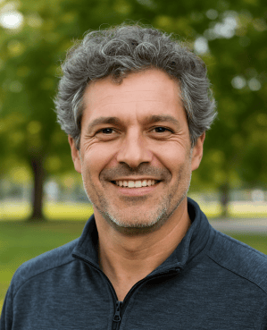 Mężczyzna w średnim wieku uśmiecha się. Tło stanowią drzewa.