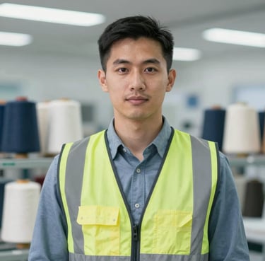Portrait of a professional textile engineer in a clean factory setting, wearing a safety vest over a professional shirt, with a background of blurred yarn spools in #95A5BB.