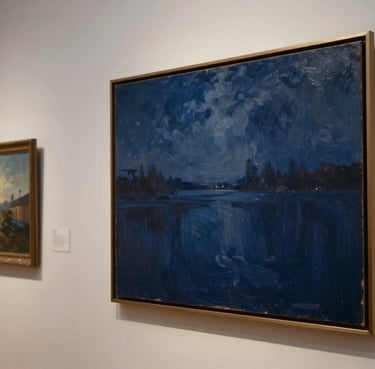 Fine art oil painting displayed on a gallery wall in a European / French setting, elegant soft-focused lighting, Deep Navy Blue palette.