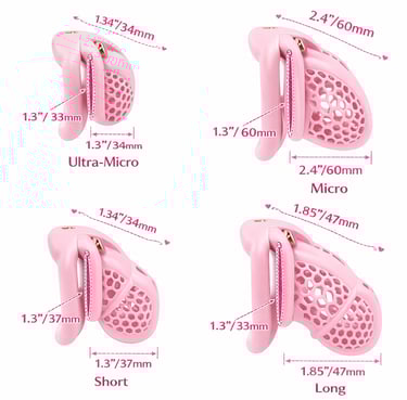 Sizing chart for pink silicone male chastity cages in ultra-micro, micro, short, and long sizes. 