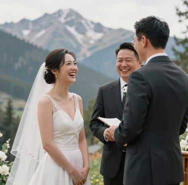 A candid photograph of a happy couple during a wedding ceremony in a North American / US mountain resort. They are laughing as the celebrant tells a joke. The celebrant is wearing a sharp, dark charcoal suit.