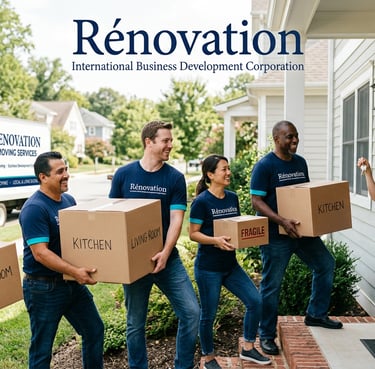 Professional movers from Renovation Moving Services delivering boxes to a happy couple at their new home.