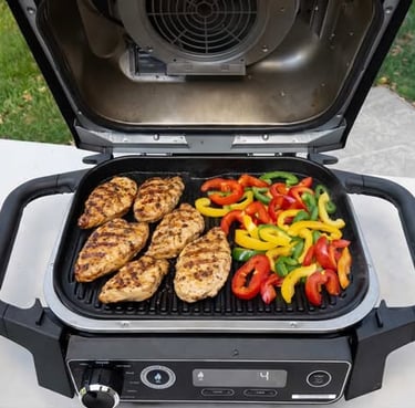 Grilled chicken breasts and sliced bell peppers cooking on an open electric grill outdoors