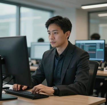 A professional tech lead in a North American corporate office, wearing a modern dark blazer, sitting in front of a dual-monitor setup with soft neon backlighting.
