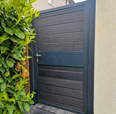Anthracite Grey Gate with Dark Grey panels. Happy customer was amazed at the final result