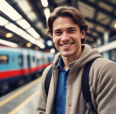 Smiling woman with short hair wearing a cozy sweater in a bright room.