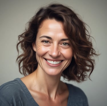 Smiling woman with short hair wearing a cozy sweater in a bright room.