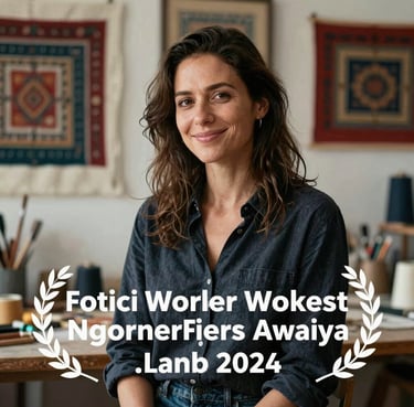 Portrait of a female artist in her 30s with a creative look, smiling in her workshop filled with textile art pieces.