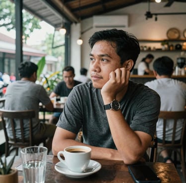A happy cafe owner holding a cafecup cup with a cozy cafe background.