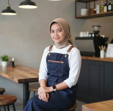 A happy cafe owner holding a cafecup cup with a cozy cafe background.