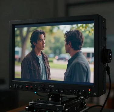 High-end production monitor showing a vibrant cinematic scene, set in a professional North American / US film studio, deep obsidian black frame, moody lighting.
