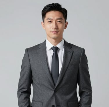Professional portrait of a male fashion executive in a sharp #4A5568 charcoal suit, minimalist background, studio lighting.