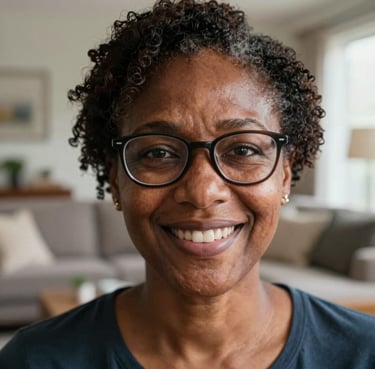 A close-up portrait of a smiling African American woman with glasses, looking directly at the camera with a look of relief and pride, set in a North American living room.