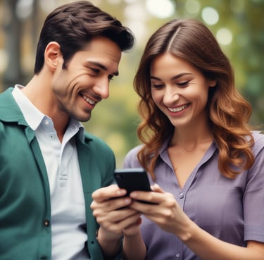 A cozy scene of a couple sitting together, smiling warmly while using a tablet to explore relationship tools.