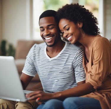 A cozy scene of a couple sitting together, smiling warmly while using a tablet to explore relationship tools.