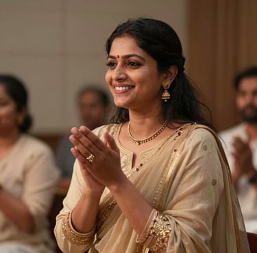 A candid portrait of a professional South Asian / Indian woman smiling and clapping during a spiritual performance, dressed in elegant traditional attire with soft sand colors in the background.