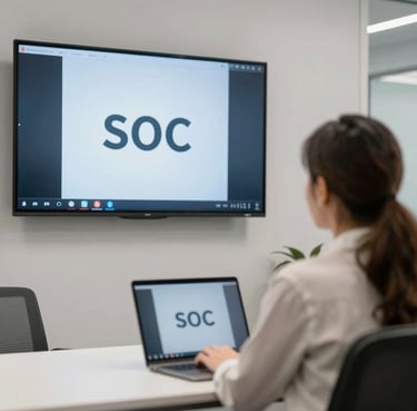 Smiling businesswoman working on a laptop in a bright office space.