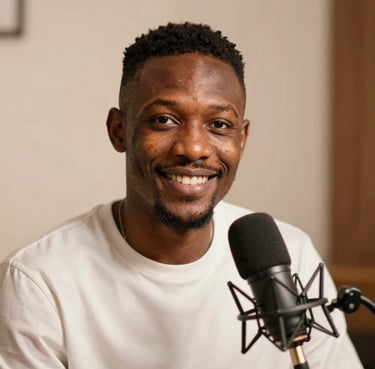 Portrait serré d'un artiste voix off africain souriant devant un microphone de studio professionnel, éclairage chaud et tamisé.