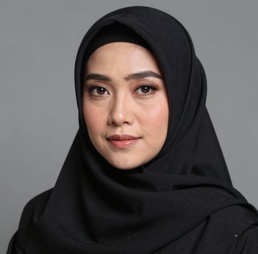 A joyful middle-aged Indonesian woman in a white hijab smiling during her Umrah trip.