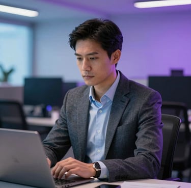 Professional executive in a smart casual outfit working in a high-tech office environment in Bogotá, soft blue and purple lighting, looking focused and successful.