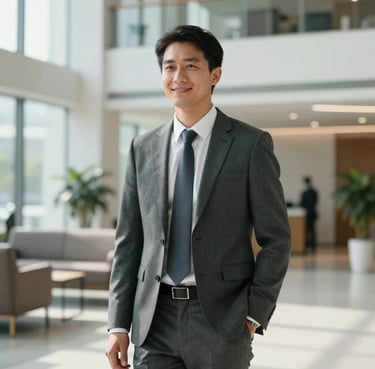 A professional executive in business attire looking forward with a confident smile in a bright, modern North American office lobby.