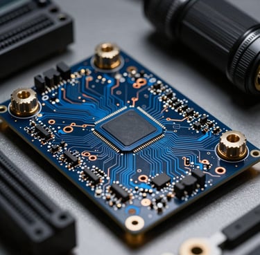 Macro technical shot of high-end corporate workstation components, deep navy circuit boards, surgical electric blue copper traces, sharp studio lighting.