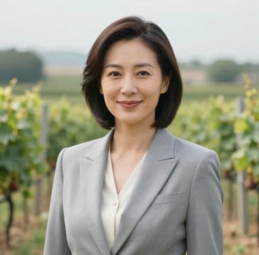 Headshot of a sophisticated woman with a friendly, professional expression. She is wearing high-end attire. Soft, natural lighting against a vineyard background. Palette: #597E52 and #F7F7F7.