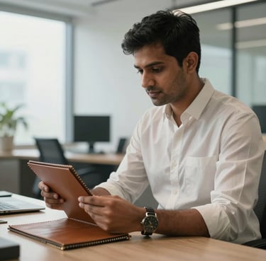 A professional business owner in a modern South Asian / Indian office, dressed in premium minimalist apparel, looking at a leather sample, soft natural lighting.