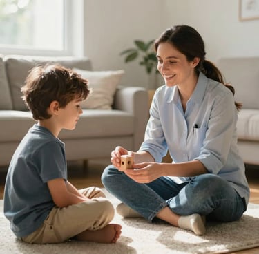 A warm, candid eye-level shot of a female therapist sitting on a light-colored living room rug, smiling as she holds a wooden toy block with a young boy, soft natural light streaming from a side window.