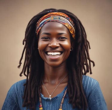 Portrait of a smiling African woman expressing confidence and satisfaction.