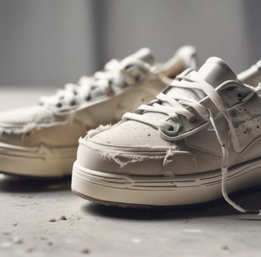 Distressed cream-colored canvas sneakers with frayed edges and thick rubber soles.