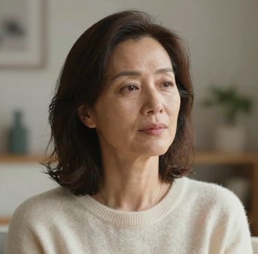A close-up portrait of a serene woman in her 40s with a thoughtful expression, in a modern Southern European setting. She is wearing a soft ivory sweater. The lighting is soft and natural, emphasizing a sense of inner peace and wisdom.