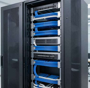 Clean modern server rack with structured cabling, cool-toned industrial lighting, slate gray and technical blue accents, sharp focus, 35mm