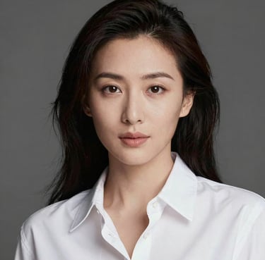 A professional headshot of a mezzo-soprano with soft lighting, minimalist makeup, and a sophisticated white shirt, high-end North American photography style.