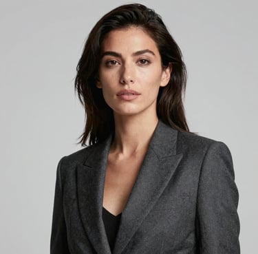 A professional portrait of a woman with a confident expression, styled in a minimalist dark gray blazer, against a clean light gray background, North American / US.