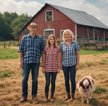 A happy family with their pets enjoying high-quality feed.
