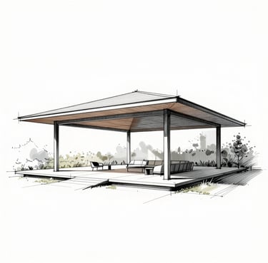 A hand-drawn architectural sketch of a contemporary pavilion, showing loose but precise lines, reflecting professional academic rigor.