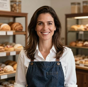 A portrait of a Southern European / Portuguese female business owner smiling warmly in her artisan bakery, soft natural lighting, professional photography style.