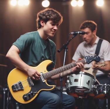 A smiling student holding a guitar during an outdoor lesson with Diane Fischer.